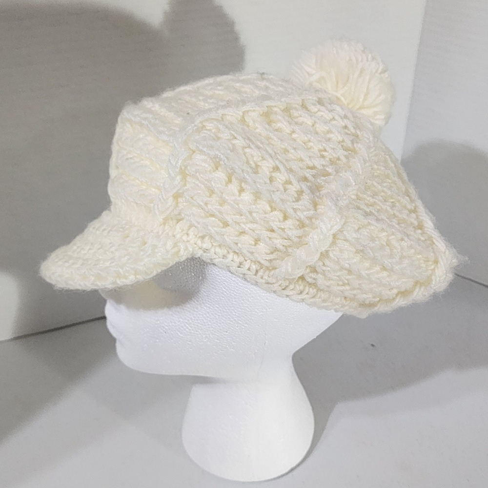 Vintage Hand Crochet Newsboy Cap Ivory White Pom Pom Knit Visor Hat Acrylic - Picture 3 of 9